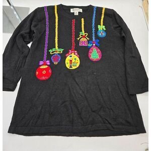 Vintage Peter Valentine Christmas Sweater With Colorful Ornament Appliques & Fes